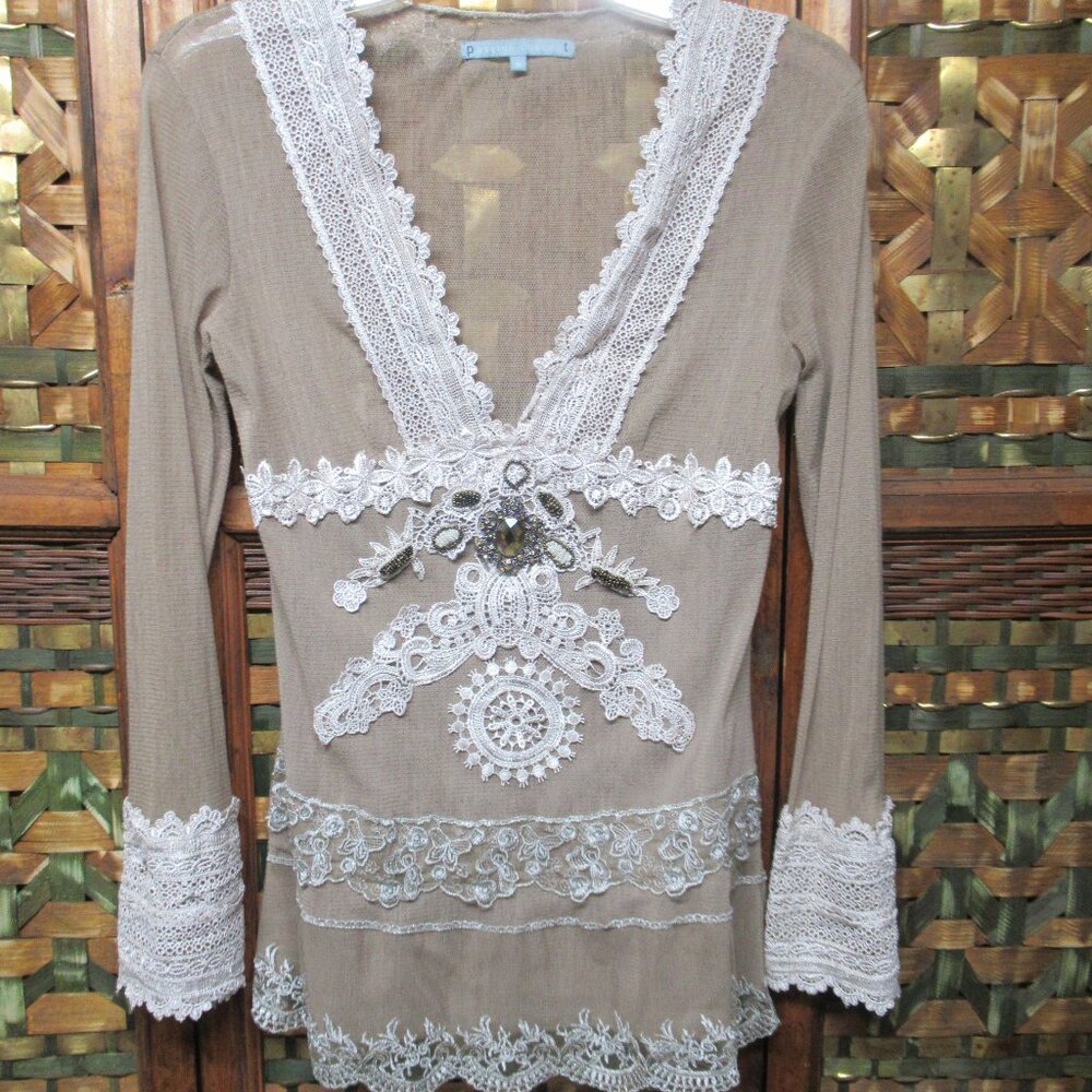 Sheer Taupe Boho Embellished Top Crochet Detail